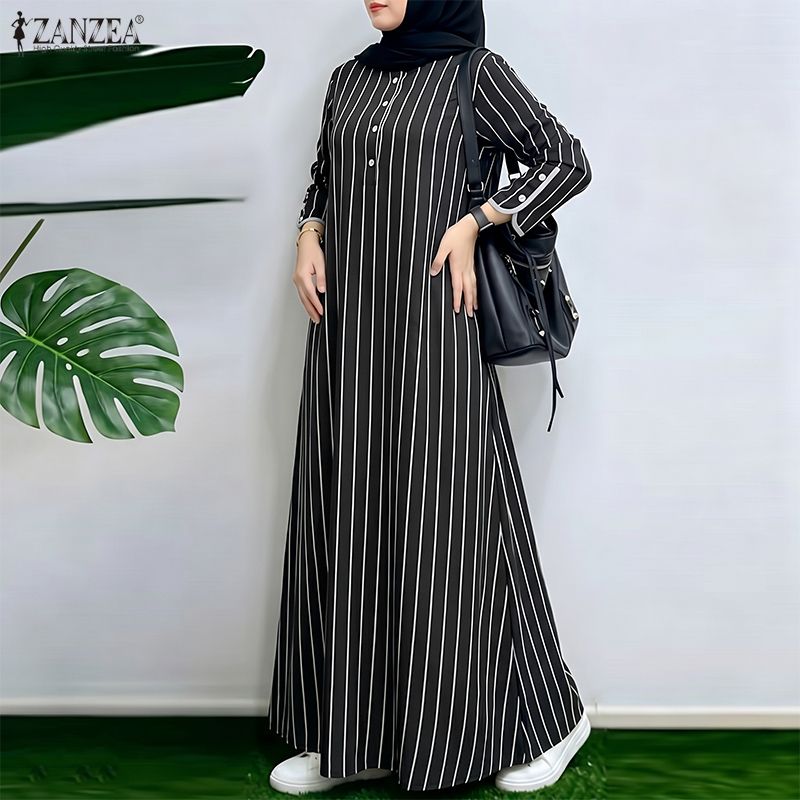 Abaya Modest Wear - Muzułmańska, skromna sukienka maxi w paski,