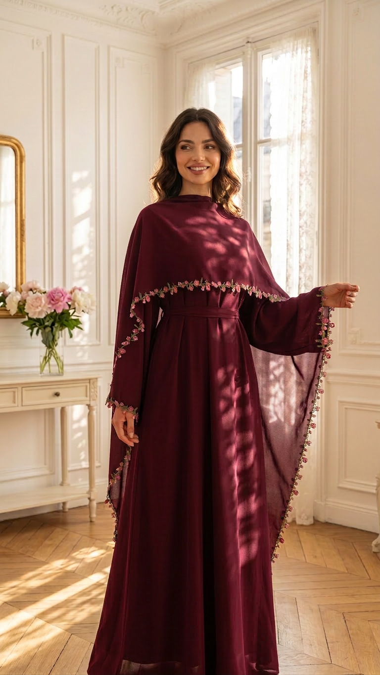 Abaya Modest Wear - Elegancki różowy komplet dwuczęściowy z koronkowym